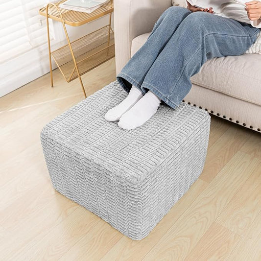Asuprui Round Square Pouf Ottoman Foot Rest – Lightweight Modern Footstool with Plush Foam Filling, Perfect for Living Room Decor & Cozy Comfort – 20x20x14 Inch Chic Accent Piece (Light Gray)