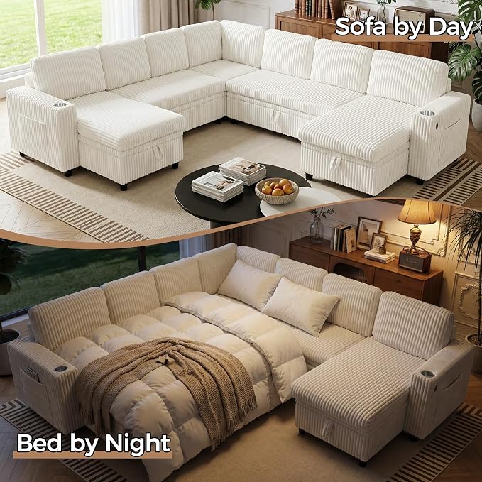 Modular Sectional Sleeper Sofa with Pull Out Bed, Plush Corduroy L Shaped Couch with Storage Chaise, USB Ports, Cup Holders, Comfy Cloud Couches for Living Room, Beige