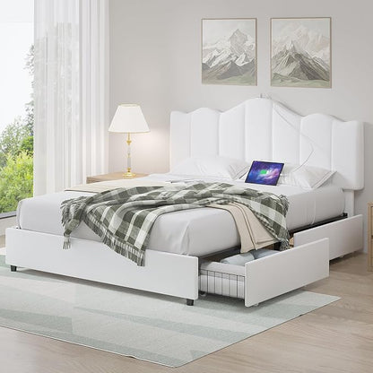VECELO Queen Size Bed Frame with 4 Drawers, Adjustable Headboard, Upholstered Platform with Wood Slats Support, Built-in USB and Type C Ports, Off White