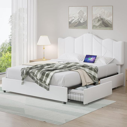 VECELO Queen Size Bed Frame with 4 Drawers, Adjustable Headboard, Upholstered Platform with Wood Slats Support, Built-in USB and Type C Ports, Off White