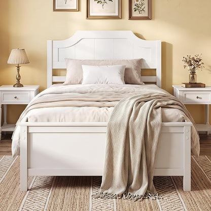 Giantex Twin Size Wooden Bed Frame with Headboard, Wood Slat Support | Farmhouse Platform Bed with Heavy Duty Mattress Foundation, Under-Bed Storage, No Box Spring Needed, Easy Assembly (White)