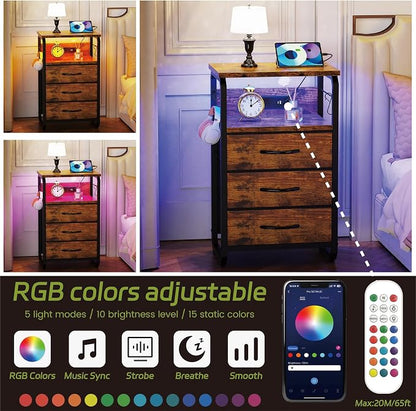 runjuly Night Stand with Charging Station, LED Nightstand with 3 Fabric Drawers and Hooks, Small End Table with Light and USB C Port, Storage Side Table for Bedroom, Rustic Brown