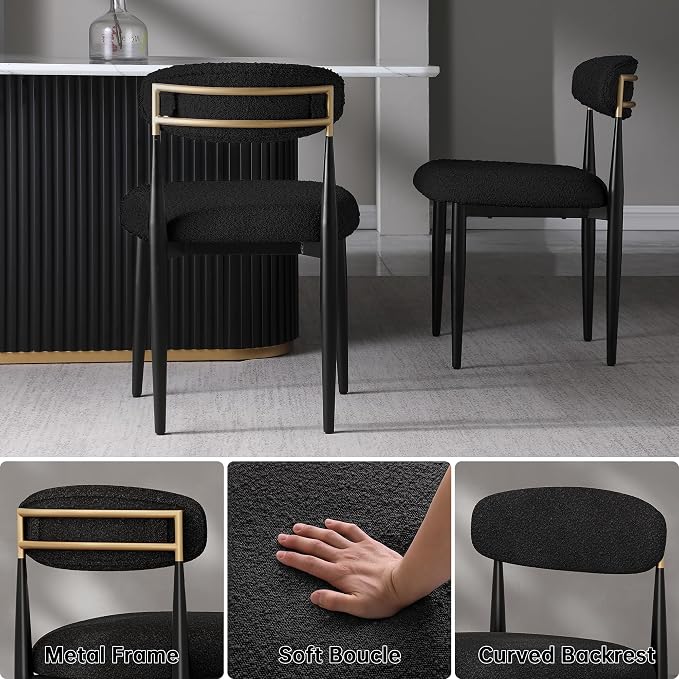 Morden Fort Marble Dining Table Set for 6, 70" Kitchen Table with White Rectangle Top and Black Fluted Base, 6 Modern Upholstered Chairs for Dining Room, Restaurant and Reception