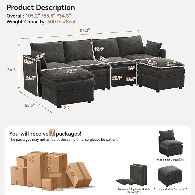 105" Cloud Modular 4 Seater Sofa with 2 Storage Ottoman, Modern Upholstered Sofa Storage Sofa Couch Deep Seat, U Shape Sectional Sofa Chenille Comfy Couch with Armrests for Living Room, Dark Grey