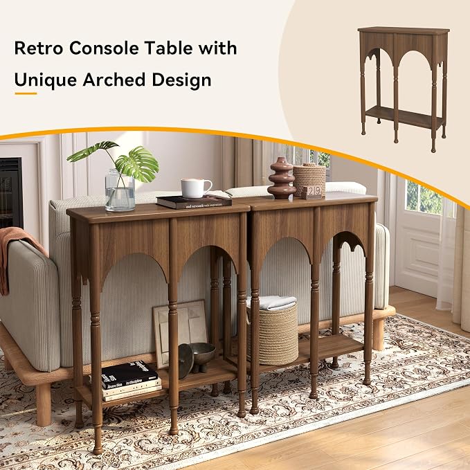 Console Table with Storage Shelf Set of 2, Retro Modern 2-Tier Entryway Table, Narrow Sofa Table with Roman-Style Legs for Living Room, Hallway, Brown