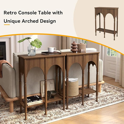 Console Table with Storage Shelf Set of 2, Retro Modern 2-Tier Entryway Table, Narrow Sofa Table with Roman-Style Legs for Living Room, Hallway, Brown