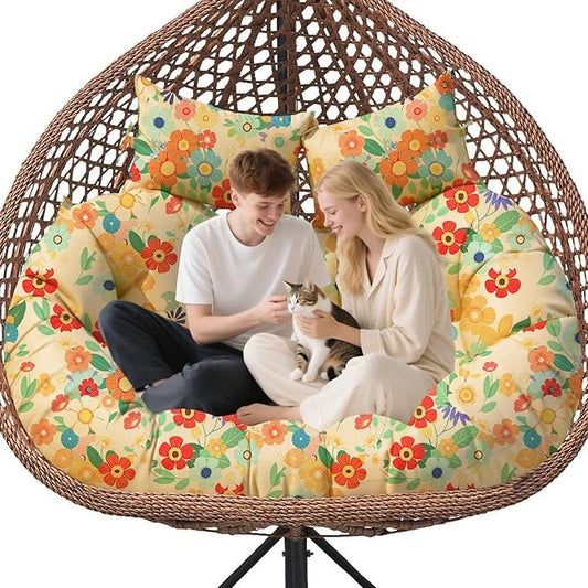 Double Egg Chair Cushion Replacement Waterproof for Outdoor Patio Hanging Basket Egg Chairs, 59x43-Inch Thickened 100% Cotton Large Double Eggs Swing Chair Cushions, Daisy 2#