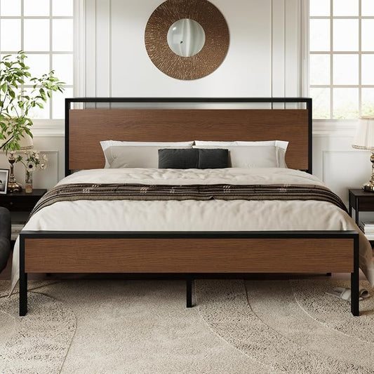 Allewie King Size Platform Bed Frame with Wooden Headboard and Footboard, Heavy Duty 12 Metal Slats Support, No Box Spring Needed, Under-Bed Storage, Noise Free, Easy Assembly, Walnut