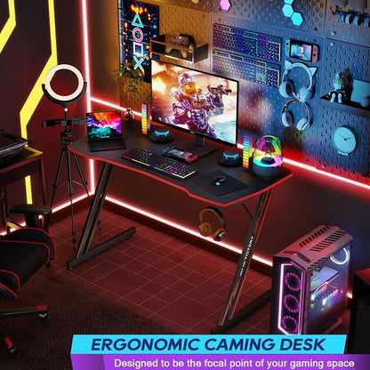 BestOffice 39" Gaming Desk Computer Gaming Desk Z Shaped Gaming Workstation Ergonomic Gaming Table with Headphone Hook for Game Players,Black&Red