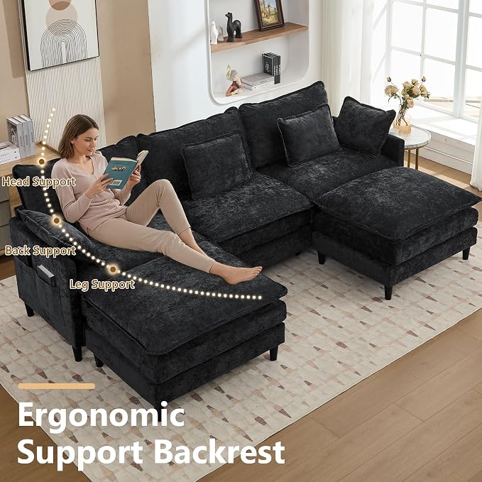 113" Chenille Modular Sectional Sofa, Convertible L Shaped Modular Sofa Comfy Cloud Couch with Ottoman, Side Pockets and 5 Throw Pillows for Living Room (Black, 113" - 5 Seats)