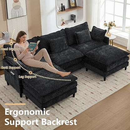 113" Chenille Modular Sectional Sofa, Convertible L Shaped Modular Sofa Comfy Cloud Couch with Ottoman, Side Pockets and 5 Throw Pillows for Living Room (Black, 113" - 5 Seats)