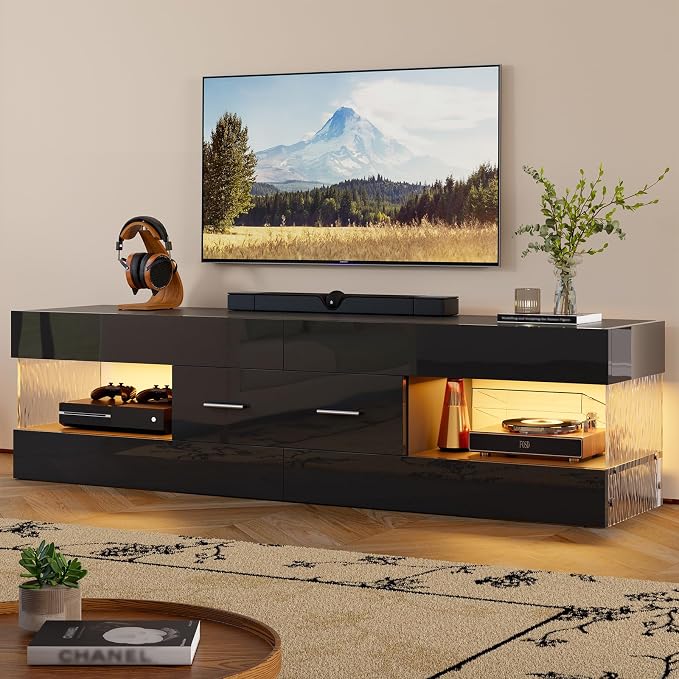 Bestier Black TV Stand for 55/60/65 Inch TV, High Gloss Modern TV Stand with Stone-Patterned Side Panels, LED Entertainment Center with Large Drawer, TV Consoles for Living Room, Bedroom