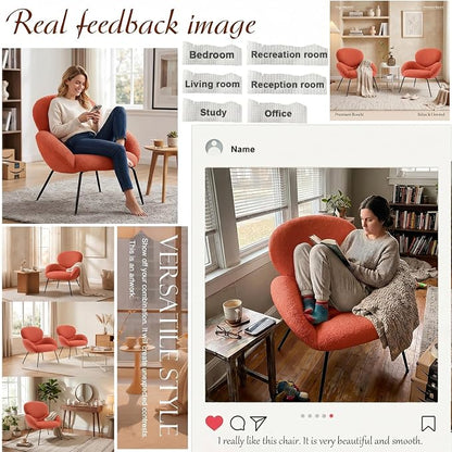Accent Chair, Cloud Accent Chair for Bedroom, Boucle Fabric(Orange) | Comfy Bedroom Chair with Love Back and Sturdy And Durable Solid-Wood Frame/ Study Room / Bedroom / Living Room /(Cream Style)
