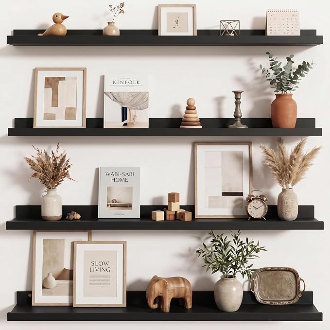 Axeman Picture Ledge Shelf | 36 Inch Black Floating Shelves Set of 4 | Rustic Wood Wall Shelves with Lip | 36" Black Picture Shelves for Wall with Ledge | Photo Shelves
