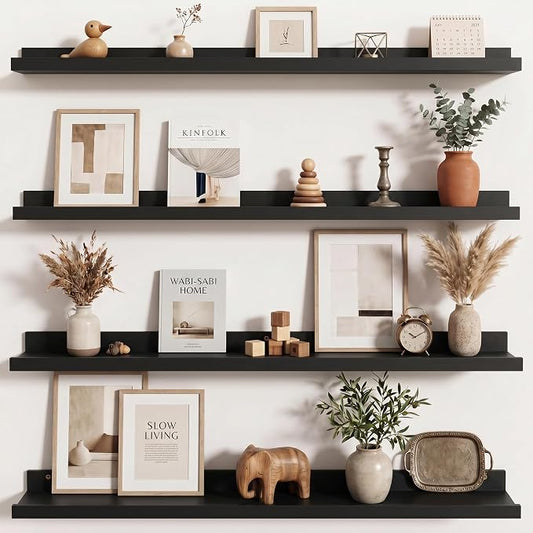 Axeman Picture Ledge Shelf | 36 Inch Black Floating Shelves Set of 4 | Rustic Wood Wall Shelves with Lip | 36" Black Picture Shelves for Wall with Ledge | Photo Shelves