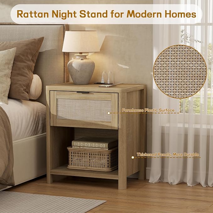Boho Nightstand with Charging Station, Large Bedside Table with Drawer & Open Storage Shelf, Mid-Century Modern End Table Rattan-Look Drawer, Accent Side Table with Rounded Corners for Bedroom