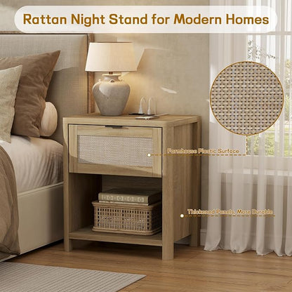 Boho Nightstand with Charging Station, Large Bedside Table with Drawer & Open Storage Shelf, Mid-Century Modern End Table Rattan-Look Drawer, Accent Side Table with Rounded Corners for Bedroom