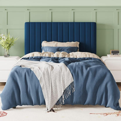 Allewie Twin Bed Frame, Velvet Upholstered Platform Bed with Adjustable Vertical Channel Tufted Headboard, Mattress Foundation with Strong Wooden Slats, Box Spring Optional, Easy Assembly, Navy Blue