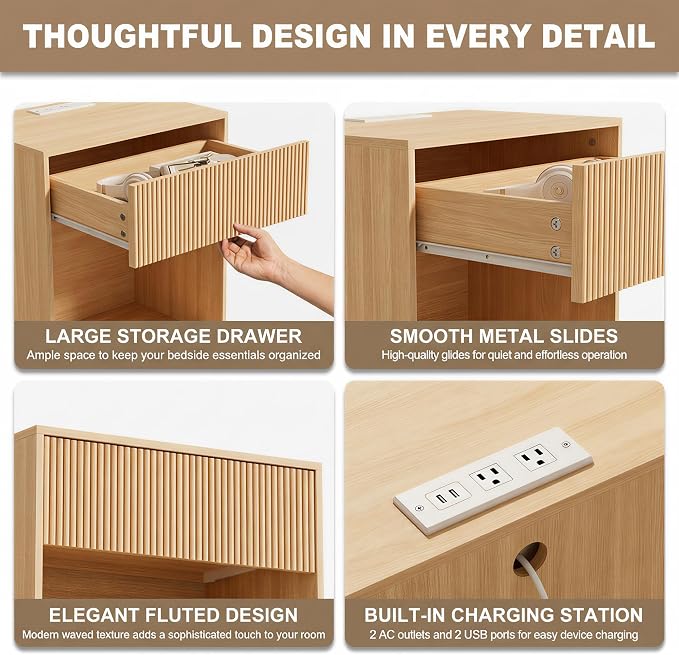 Fluted Nightstands Set of 2, Night Stand with Charging Station, Modern Bed Side Table with Drawer and Storage Shelf, Wood Mid Century End Table for Bedroom Living Room (Oak)