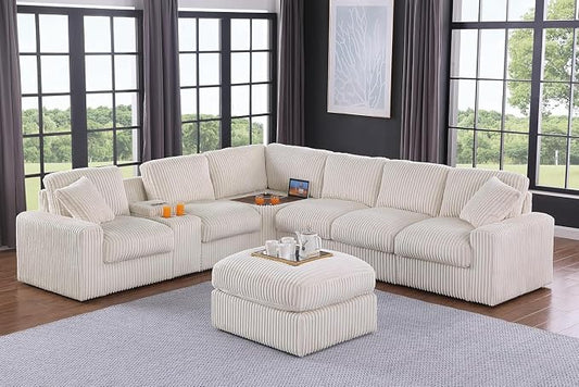 Ball & Cast 127" Oversized Modular Sectional Sofa L-Shaped,Large Corduroy Upholstered Couch 7 Seat with Ottoman,Cup Holders & USB Ports,Comfty Sectionals W/Pillows & Storage Box,for Living Room,Beige