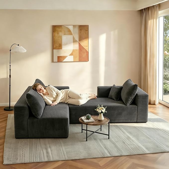 JINGLING 94" L Shape Couch with Left Chaise, Memory Foam Boneless Sectional Sofa in a Box, No Assembly Modular Small Couches for Small Spaces, Living Room, Apartments, Plush Corduroy, Dark Grey