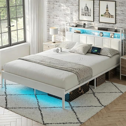 Full Size Bed Frame with Upholstered Headboard and 2-Tier Storage Shelves | Metal / Charging Station / LED Lights / Under Bed Storage / Non-slip/ Noise Free / No Box Spring Needed / White