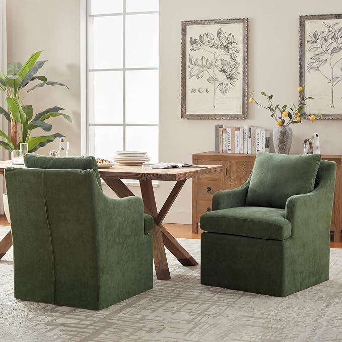 VKNOW Upholstered Dining Chairs Set of 2, Modern Kitchen Chairs Dining Room Chairs with 4 Casters, Chenille Armchair for Bedroom Reading Room Living Room, Green