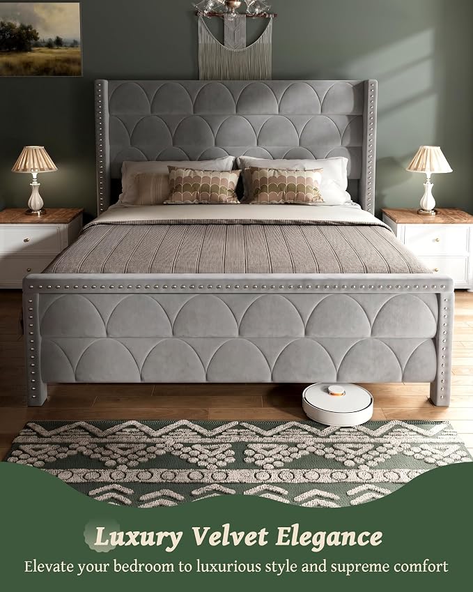 OHOHOLIVE King Size Bed Frame with 56" Headboard - Velvet Upholstered Wingback Platform Bed Frame, Noise Free, Sturdy Wooden Slat Support (Deep Gray, King)