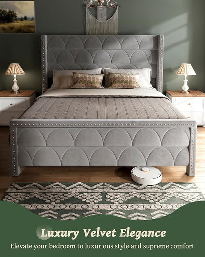 OHOHOLIVE King Size Bed Frame with 56" Headboard - Velvet Upholstered Wingback Platform Bed Frame, Noise Free, Sturdy Wooden Slat Support (Deep Gray, King)