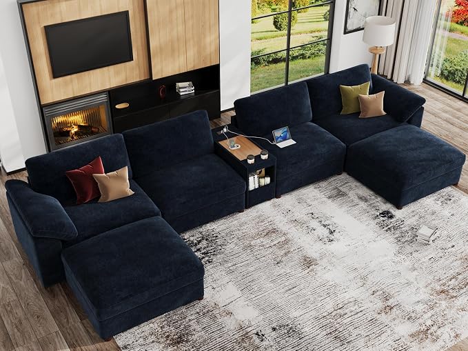 EASE MOOSE Oversized U Shape Sectional Sofa,Blue Deep Seat Modular Sofa
