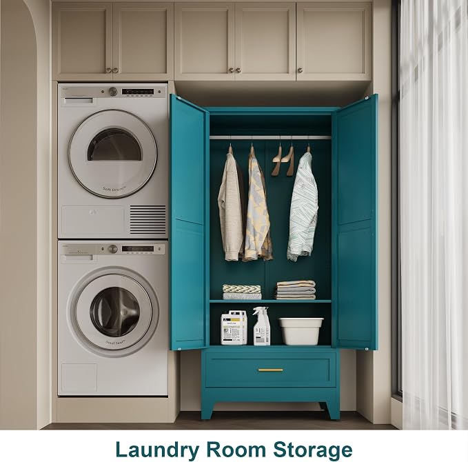 QINPTWUT 71" Tall Metal Wardrobe with Doors, Hanging Rod & Adjustable Shelf, Freestanding Steel Armoire for Bedroom Home Office, 1-Drawer Blue