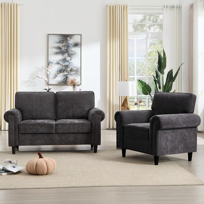 Kingfun Loveseat 2 Seater Couch with Chair, Mid Century Modern Chenille Sofa Set with Rolled Arms and Deep Seats, Fluffy Comfort for Living Room, Apartment, Easy Assembly, Grey