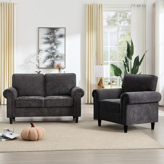 Kingfun Loveseat 2 Seater Couch with Chair, Mid Century Modern Chenille Sofa Set with Rolled Arms and Deep Seats, Fluffy Comfort for Living Room, Apartment, Easy Assembly, Grey