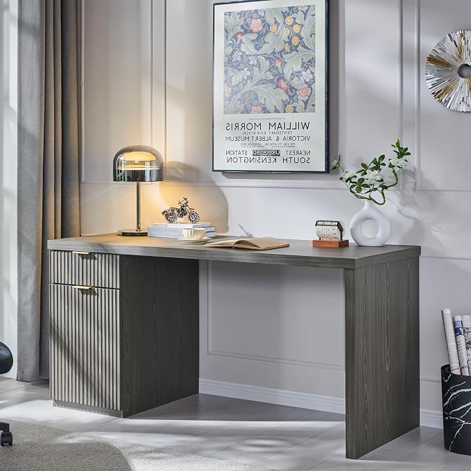 60" Modern Executive Desk, Reversible Left‑Right Cabinet, Built‑in Outlet | Reversible design lets you fix the cabinet on left‑hand or right‑hand side to fit your room layout