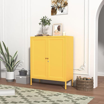 Lockable Metal Storage Cabinet Double Door Metal Cabinet Home Decor Cabinet with Adjustable Shelves Coffee Bar Cabinet Suitable for Living Room and Dining room Yellow : 13.8"D x 31.5"W x 36"H