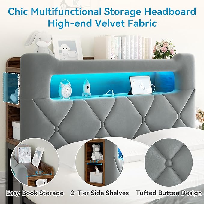 Jocoevol Full Upholstered LED Bed Frame with 2 Storage Drawers and 2-Tier Storage Headboard, Velvet Platform Bed with Charging Station & Bookcase, Corner Bed Frame, Heavy Duty Metal Support, Grey