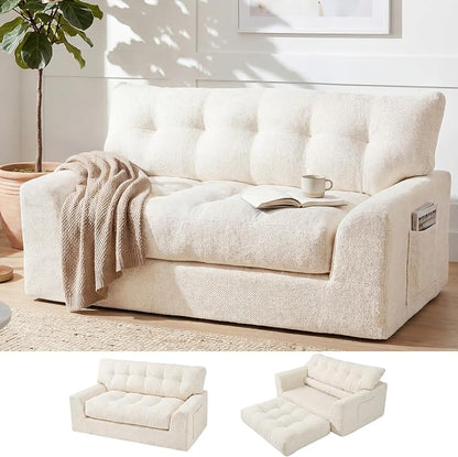 MONVANE 55.5" Convertible Loveseat Sofa, Comfy Chenille Cloud Couch with Storage Pocket, Modern Deep Seat Boneless Couch, 2 Seater Sofa for Living Room, No Assembly Required, Beige