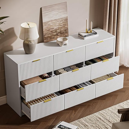 MAISONARIA 3-Piece Dresser Bedroom Set, 9 Drawer Dresser & 2 Drawer Nightstands with Gold Handles, Fluted Wood Chest of Drawers for Bedroom, Living Room, Entryway, White