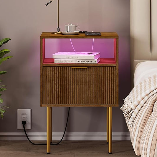 JOONEE Nightstand with Outlet and Led Light, Bedside Table with Storage Drawer, Fluted Side Table for Living Room, Bedroom