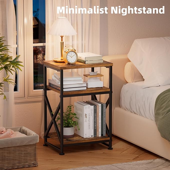 Simple Trending Side Table, End Table with 3 Tiers Open Shelves, Bedside Table for Sofa Couch, Nightstand, Living Room, Bedroom, Rustic Brown