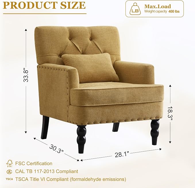 HUIMO Accent Chair for Living Room, Tufted Upholstered Club Chair with Lumbar Pillow, Vintage Reading Armchair with Solid Wood Legs for Bedroom Apartment, Mustard Yellow