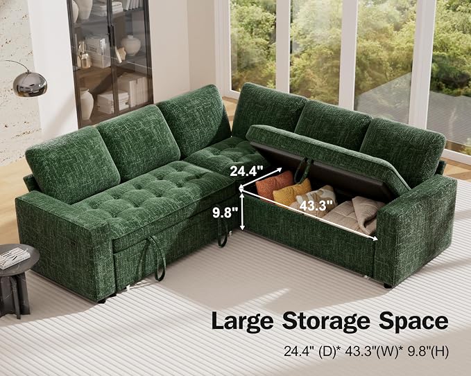 Vipbear 5 Seat L Shaped Modular Sectional Sleeper Sofa Bed with Pull Out Bed/Reclining Backrest/USB Ports/Storage Seat, Sectional Sleeper Couch, Tool-Free Assembly, Chenille Green