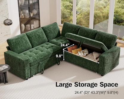 Vipbear 5 Seat L Shaped Modular Sectional Sleeper Sofa Bed with Pull Out Bed/Reclining Backrest/USB Ports/Storage Seat, Sectional Sleeper Couch, Tool-Free Assembly, Chenille Green
