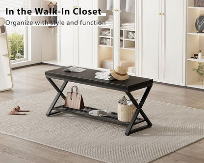 LVB Black Entryway Bench with Storage, Indoor Shoe Bench with Seating for Hallway, Accent Storage Bench for Living Room Bedroom, Simple Small Shoe Rack Benchs for Foyer Entrance, Black Oak, 39 inch