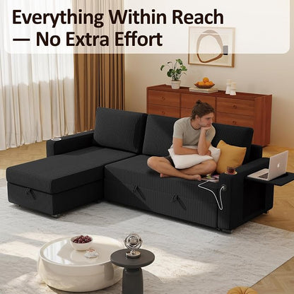 Ball & Cast 80" Sectional Sleeper Sofa Bed Pull Out Couches for Living Room | L Shaped Convertible Pull Out Sofa Bed with Storage Chaise, Foldable Table, USB Port, Cup Holder, Side Pocket for Small Space