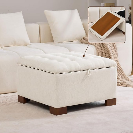 WUTUTUEE 30" Fabric Square Storage Ottoman with Wooden Tray, Modern Tufted Button Footstool Coffee Table, Upholstered Large Ottoman for Living Room, Bedroom, Beige