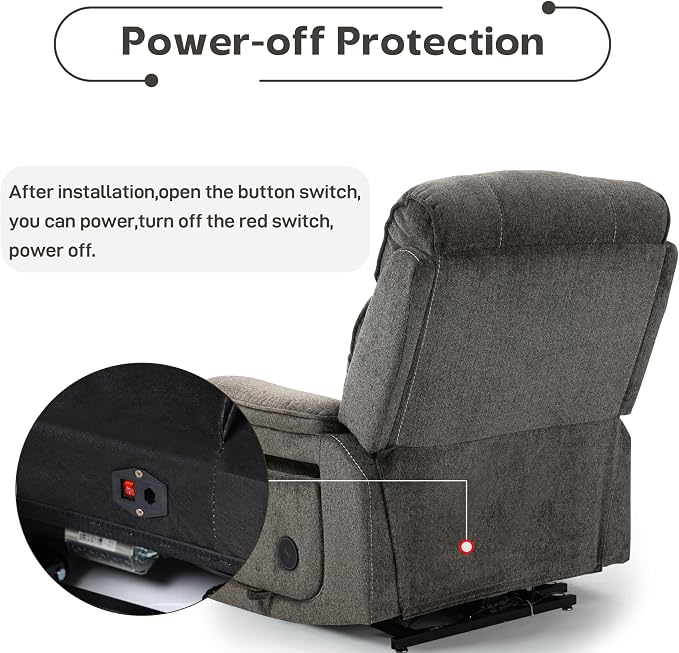 JIKFRIMA Power Lift Recliners Chairs for Elderly Adults Lay Flat Recliner with Heat & Massage, Wireless Charging Device, USB Ports, Cup Holder, Lumbar Pillow, 400Lbs（Chenille Fibric,Grey）