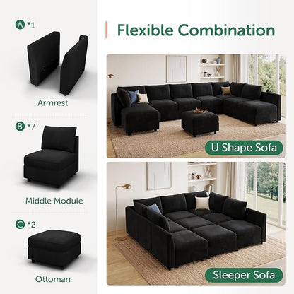HONBAY Modular Sectional Sleeper Sofa with Storage Modular Convertible Sectional Couch Bed Modular Sectional Couches for Living Room,Black