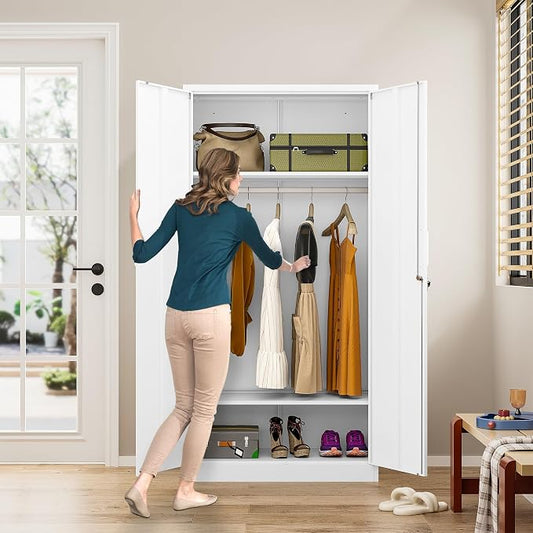 Metal Wardrobe Cabinet with Hanging Rod & Lock,White Armoire Wardrobe Closet,Metal Clothing Storage Cabinet with Adjustable Shelves and Doors,72" Armoire Storage Cabinets for Home,Living/Laundry Room