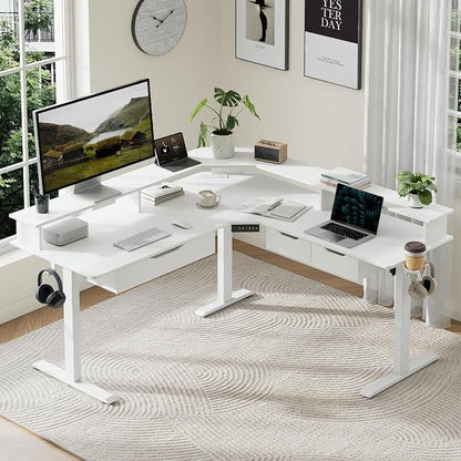 MALOL 59" L Shaped Electric Standing Desk with Drawers, Height Adjustable Desk with Power Outlets & LED Lights, Monitor Stand, Corner Computer Desk for Home Office, White